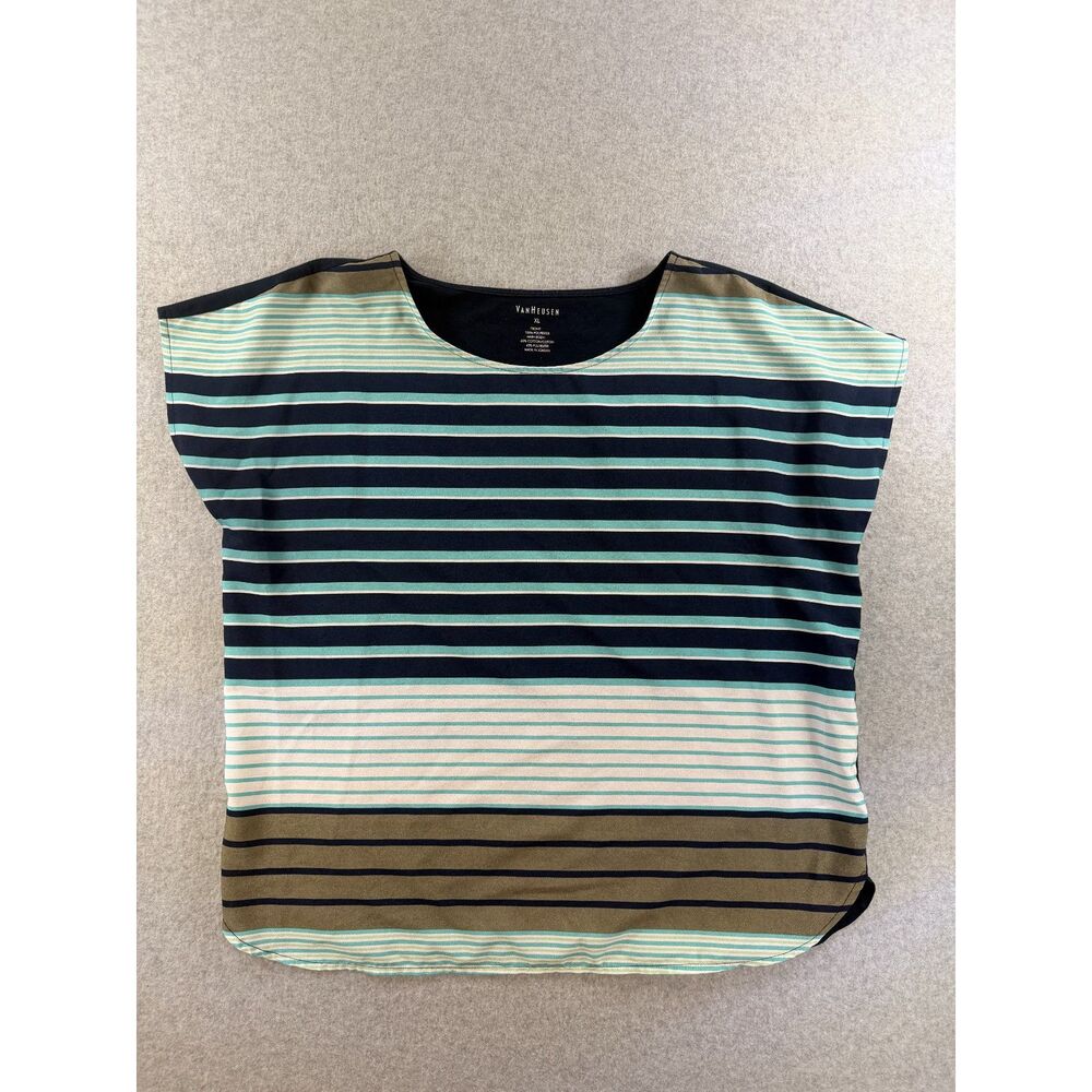 Van Heusen XL Striped Dolman Blouse Navy Blue Mint Green Casual Lightweight Top